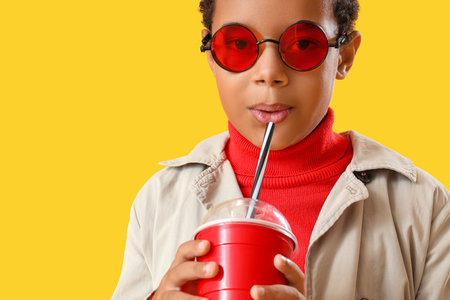 African-American little boy in sunglasses with soda on yellow background, closeupの写真素材