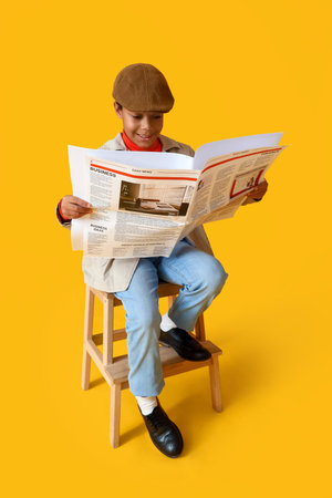 African-American little boy reading newspaper on yellow backgroundの写真素材