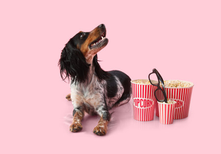Cute cocker spaniel dog with buckets of popcorn and 3D cinema glasses lying on pink backgroundの写真素材