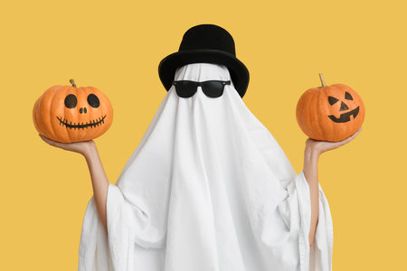 Woman in Halloween costume of ghost, cylinder hat and sunglasses holding pumpkins on color backgroundの写真素材