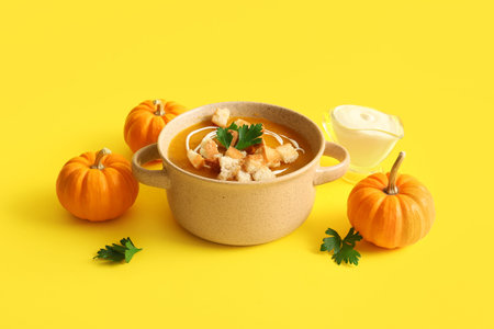 Pot of delicious pumpkin cream soup with parsley and croutons on yellow backgroundの写真素材