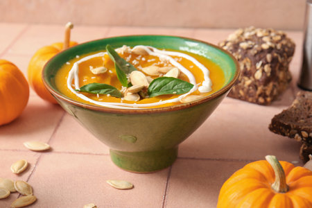 Bowl of delicious pumpkin cream soup with basil and seeds on pink tile tableの写真素材