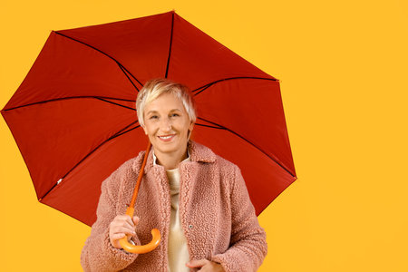 Beautiful mature woman with umbrella on yellow backgroundの写真素材