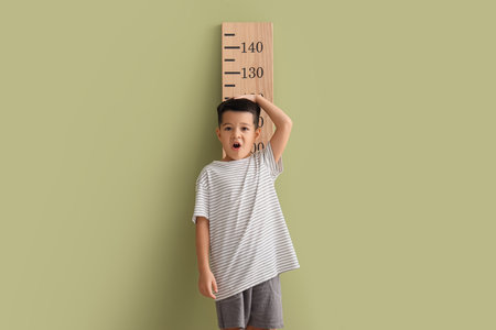 Little Asian boy measuring height near green wallの写真素材
