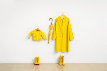 Rubber boots, raincoats and umbrella hanging on light wallの写真素材