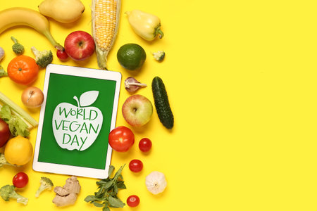 Tablet computer with text WORLD VEGAN DAY, fresh vegetables and fruits on yellow backgroundの写真素材