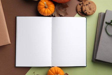 Composition with blank open book, cookies and pumpkins on color backgroundの写真素材