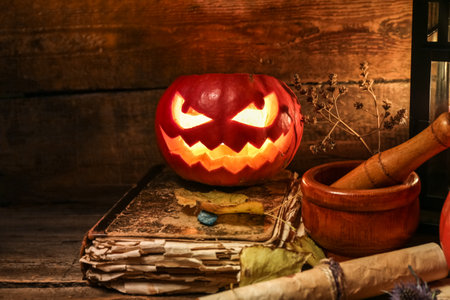 Halloween composition with jack-o-lantern, old books, mortar and pestle on wooden table, closeupの写真素材