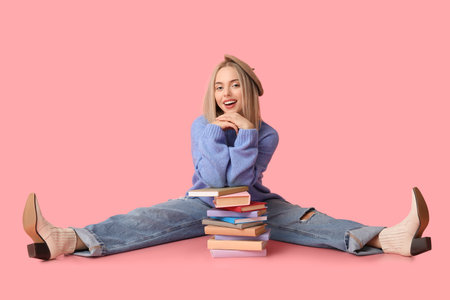 Beautiful young happy woman with many books sitting on pink backgroundの写真素材