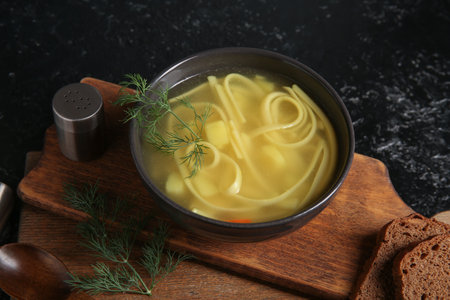 Bowl of tasty chicken soup on black backgroundの写真素材