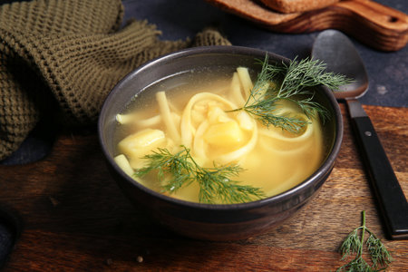 Bowl of tasty chicken soup on black backgroundの写真素材