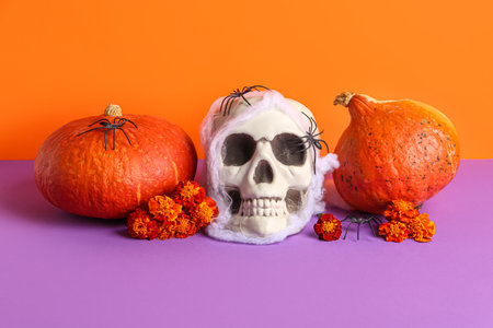 Human skull with marigold flowers, pumpkins and spiders on color backgroundの写真素材