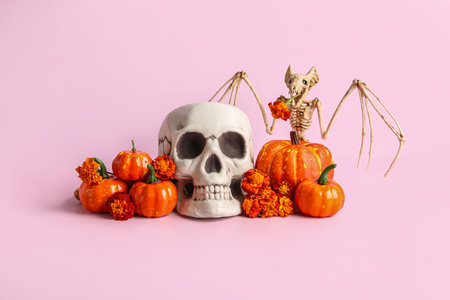 Human skull with marigold flowers, bat skeleton and pumpkins on pink background