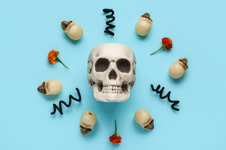 Human skulls with marigold flowers and serpentine on blue backgroundの写真素材