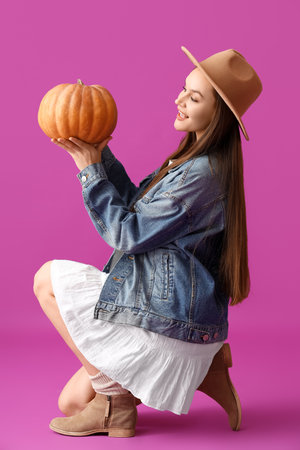 Beautiful young woman with pumpkin on purple backgroundの写真素材