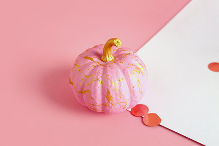 Pink painted pumpkin on colorful backgroundの写真素材