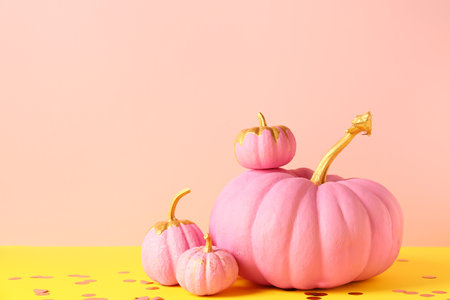 Pink painted pumpkins on colorful backgroundの写真素材