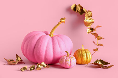 Painted pumpkins with golden leaves and eucalyptus on pink backgroundの写真素材