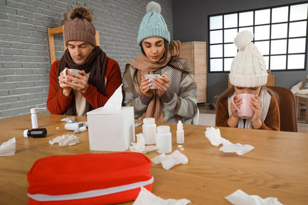 Ill family in warm clothes drinking tea at home with lack of heatingの写真素材