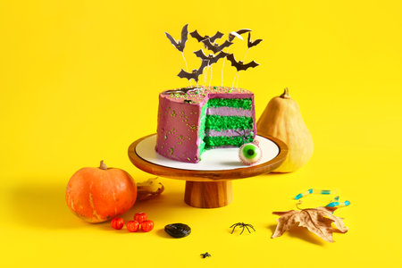 Stand with tasty cake and Halloween decorations on yellow backgroundの写真素材