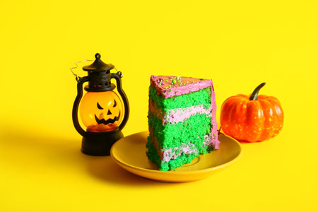 Piece of tasty Halloween cake with pumpkin and lantern on yellow backgroundの写真素材