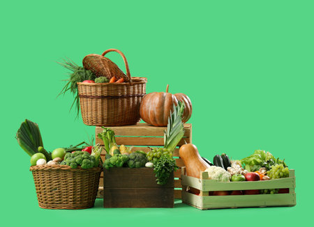 Baskets and boxes with fresh vegetables on green backgroundの写真素材