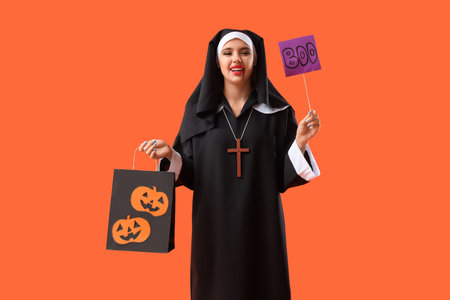 Young woman dressed for Halloween as nun with gift bag and word BOO on orange background