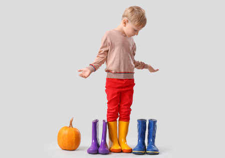 Little boy with rubber boots and pumpkin on light backgroundの写真素材