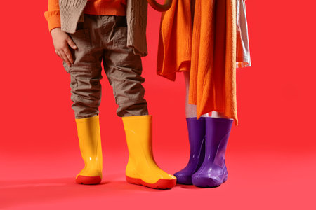 Little children in rubber boots on red backgroundの写真素材