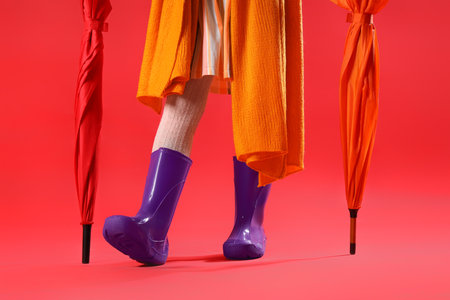 Little girl in rubber boots with umbrellas on red background, closeupの写真素材