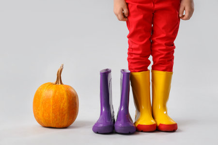 Little boy with rubber boots and pumpkin on light backgroundの写真素材
