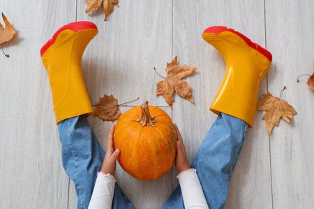 Little girl in rubber boots with pumpkin and autumn leaves on floor, top viewの写真素材