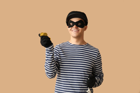 Male thief with golden coins on beige backgroundの写真素材