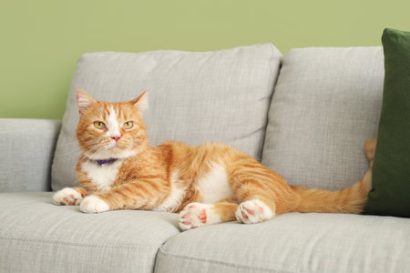 Cute red cat lying on sofa near green wallの写真素材
