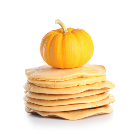 Tasty pumpkin pancakes on white backgroundの写真素材