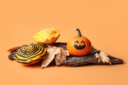 Painted Halloween pumpkins with tree bark and autumn leaves on orange backgroundの写真素材