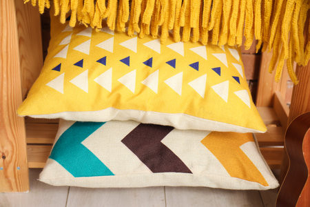 Shelving unit with pillows and blanketsの写真素材