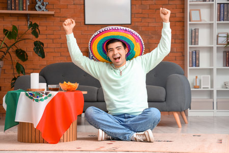 Young man in sombrero hat with Mexican flag at homeの写真素材