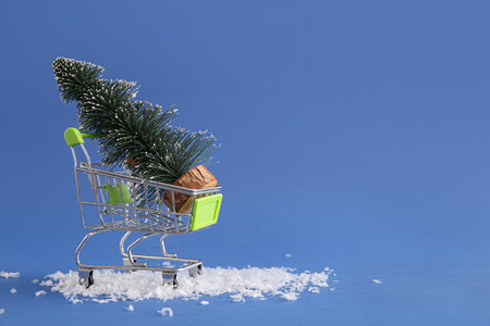 Shopping cart with Christmas tree and snow on blue backgroundの写真素材