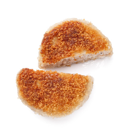 Pieces of tasty meat cutlet on white background