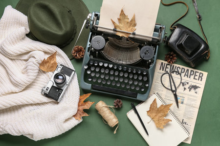Vintage typewriter, photo camera, case, newspaper, sweater, scissors, pine cones, hat, rope, notebook and autumn leaves on green backgroundの写真素材