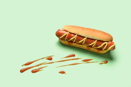 Tasty hot dog with mustard and ketchup on green backgroundの写真素材
