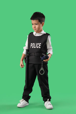 Cute little police officer with radio transmitter on green backgroundの写真素材