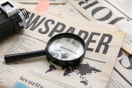 Morning newspapers and magnifying glass, closeupの写真素材