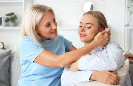 Happy young beautiful woman with her mother in living room at homeの写真素材