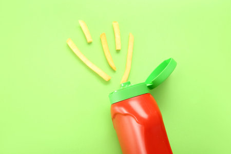 Tasty French fries with bottle of ketchup on green background