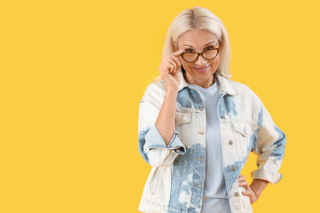 Thoughtful mature woman on yellow background