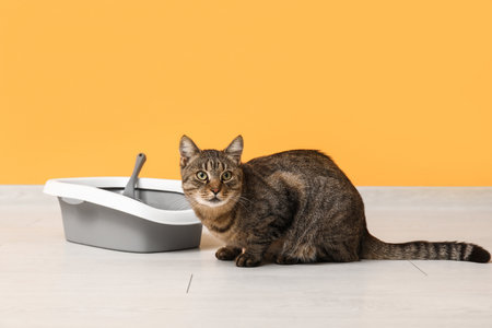 Cute cat with litter box near yellow wallの写真素材