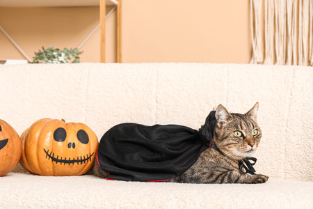 Cute cat with cape and Halloween pumpkins on sofa at homeの写真素材