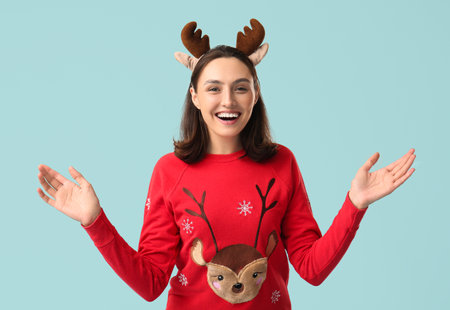 Beautiful young woman in pajamas and Christmas deer horns on blue backgroundの写真素材